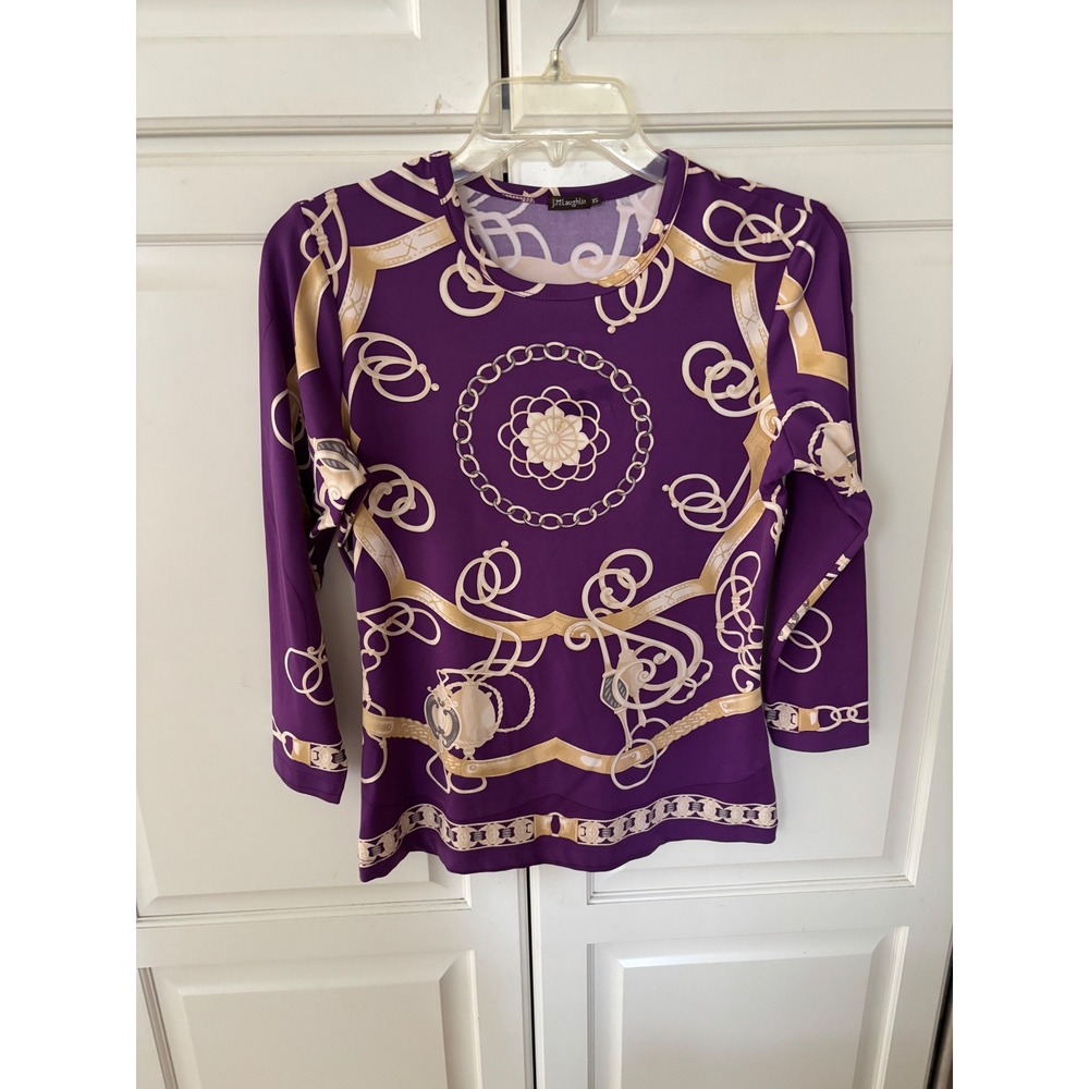 J.McLaughlin Purple Chain Scarf Print Long Sleeve Top XS Nylon Spandex Preppy‎
